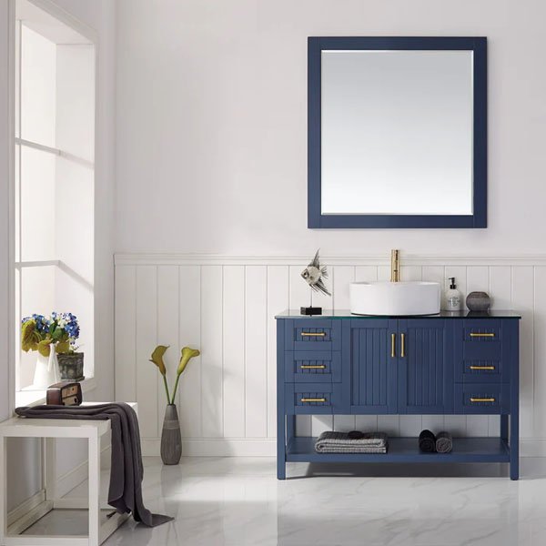 Glass Countertop and White Vessel Sink - 48" with mirror royal blue